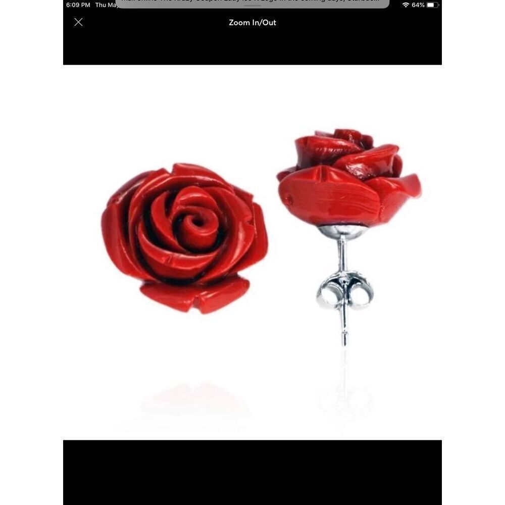 .925SS Red Coral Resin Rose Earrings